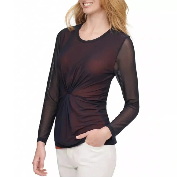 *NWT* DKNY Top with Twist Front and Mesh Overlay in Navy/Russet, S, Blue, Orange - Picture 2 of 10